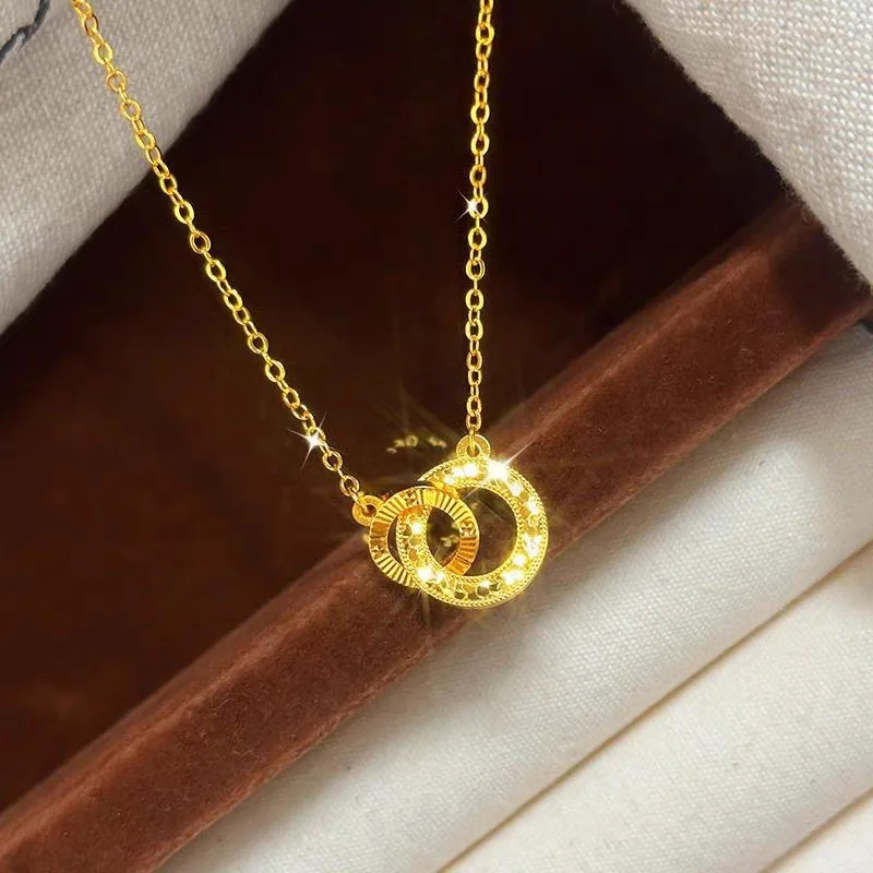 

Fahsion 18k Gold Color Interlocking Circle Pendant Necklace for Women Bride Birthday Wedding Engagement Party Fine Jewelry Gifts