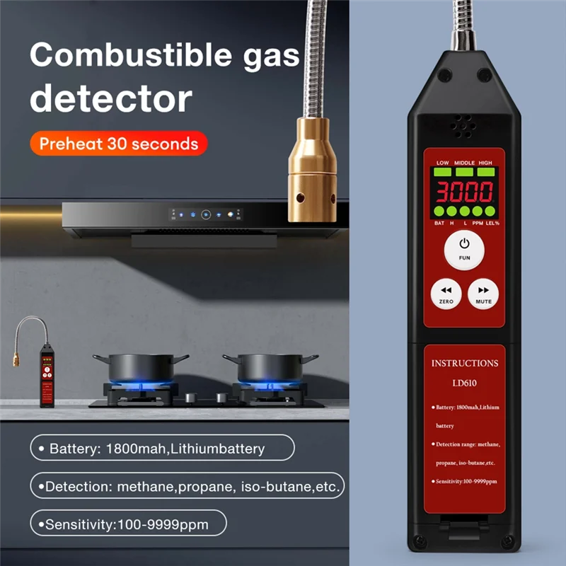 ABKI-brandbaar gaslekdetector Geluidsalarm LD610 Methaan C4H10 H2 Gastester 100-9999Ppm