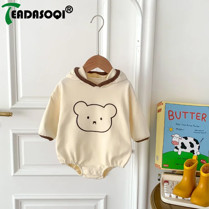 

New In Autumn 2024 Cute Cartoon Bear Hooded One-piece Overalls for Infant Kids Full Sleeve Toddler Bodysuit For Girls Boys 0-2Y