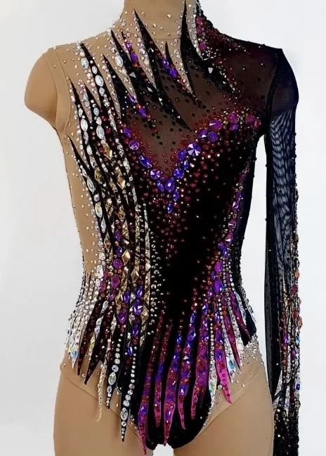 Vestito da pattinaggio su ghiaccio da donna danza lirica balletto ginnastica body Tutu senza maniche strass Performance sul palco Dancewear