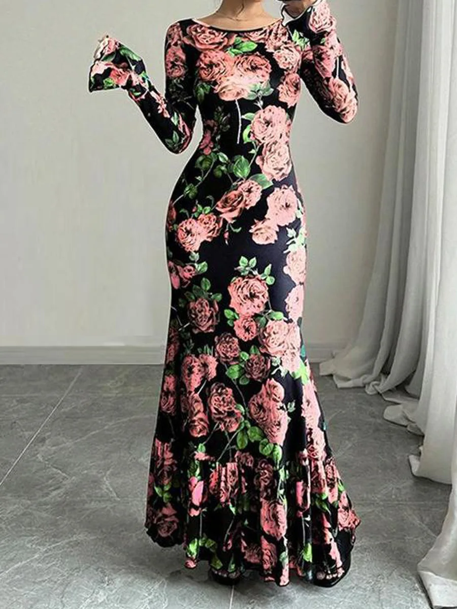 Abito lungo con stampa floreale rosa alla moda Abito lungo sottile a maniche lunghe con farfalla autunnale da donna elegante Abito da festa con collo slash da donna sexy