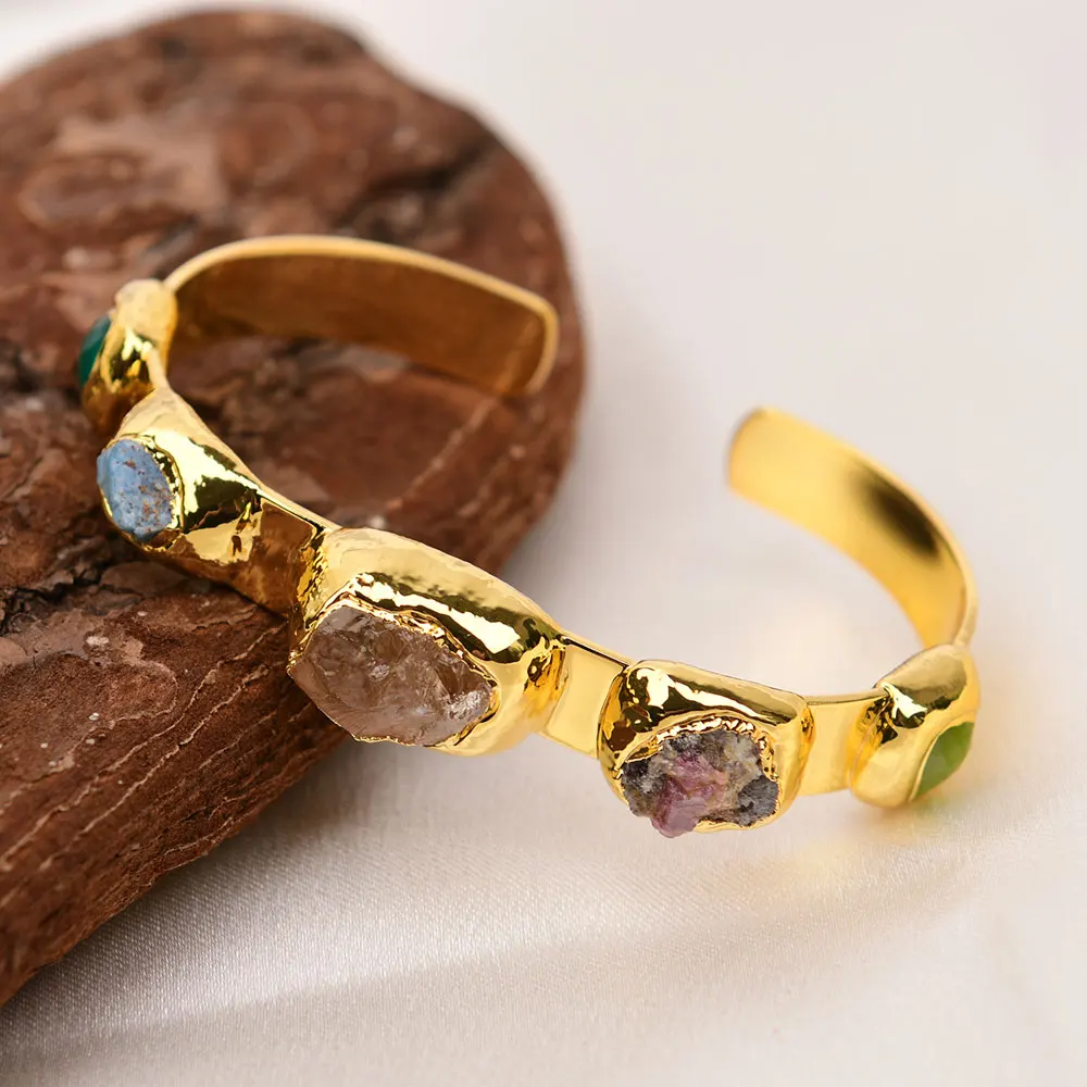 GG Natural Stone Multi Gems Apatite Tourmaline Citrine Bangle Handmade Cuff Bracelet