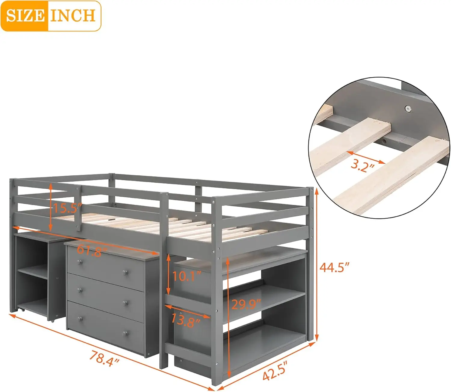 Solid Wood Twin-Size Low Loft Bed Frame with Ladder for Kids Bunk, Cabinet + Desk, Pure Gray