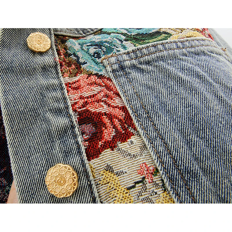 Vintage Blauwe Jacquard Splicing Grote Zak Denim Jas Vrouwen Losse Korte Cowboy Bovenkleding Herfst Nieuwe Koreaanse Jeans Jas Vrouwelijke