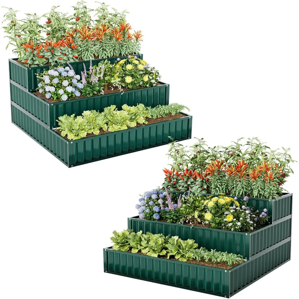 

Трехуровневая приподнятая грядка для сада, 47x47x24 дюйма, прочный металлический уличный ящик-кашпо с открытым основанием, приподнятый ящик-кашпо