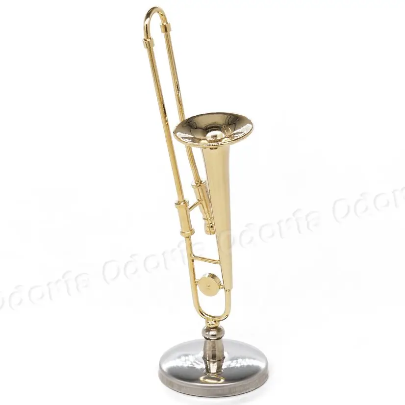 Odoria 1:12 Miniature Golden Trombone with Case and Stand Unplayable Musical Instrument Model Set Doll House Accessories Decor