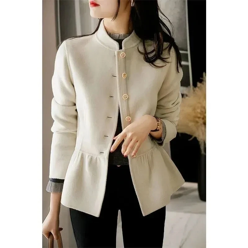 

2026 New Slim Stand-up Collar Long Sleeve Short Woolen Coat Outerwear Lady Spring Autumn Women Woolen Jacket Single-breasted
