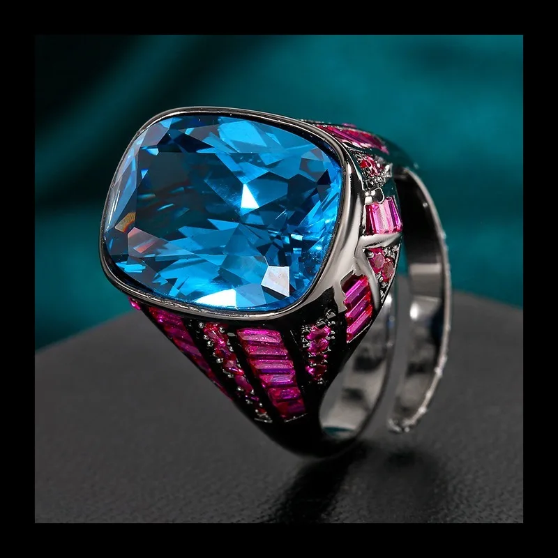 

2025 Zhuang Shengsheng Jewelry Copper Bottom Gold Plated Simulation Blue Spinel Black Gold Ancient Light Luxury Ring Fem