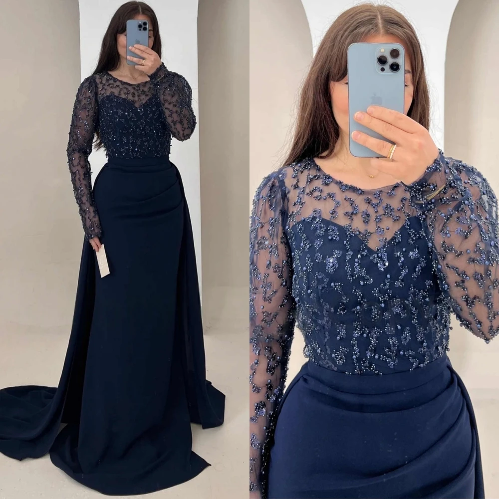 Customized Simple Jersey O-Neck Evening Dress Classic Long Sleeves Homecoming Dresses Delicate Beading Bespoke Occasion Gowns