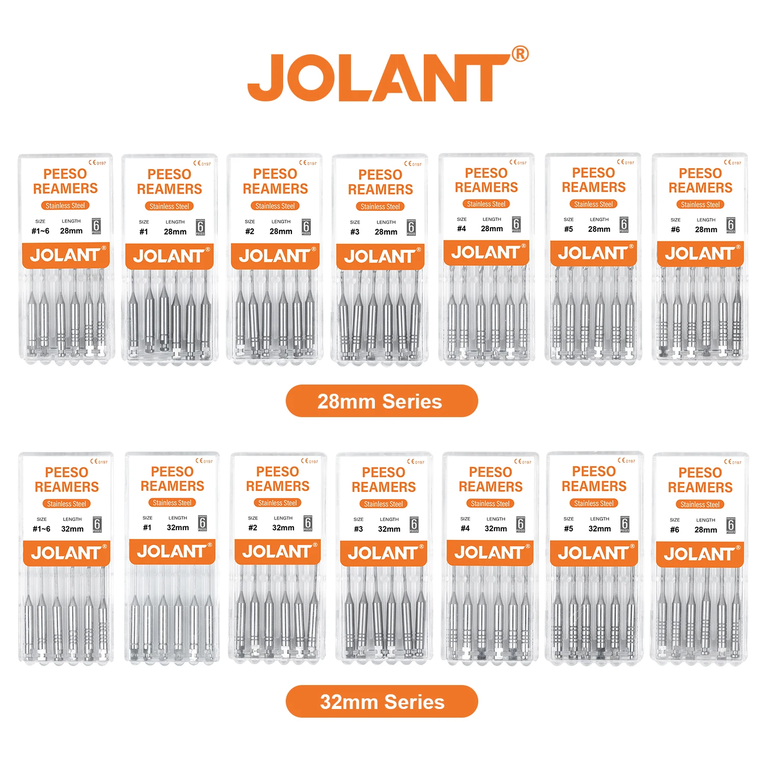 JOLANT 6pcs/Box Dental Tools Root Canal Endo Peeso Reamers Drill 28mm 32mm Stainless Steel Endodontic Instruments Dentistry