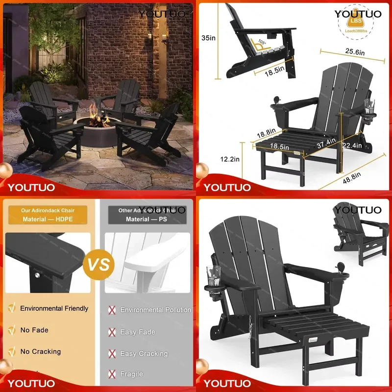 HDPE All Weather Fire Pit Chair with 2 Cup Holders Outdoor Folding Adirondack Chair   Deck Patio with Retractable