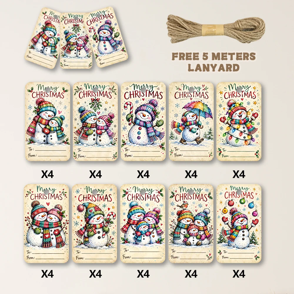 40pcs, Gift Tags, Watercolor Cute Snowman Art, Hanging Paper Labels for Gift Wrapping, Holiday Party Decor with String