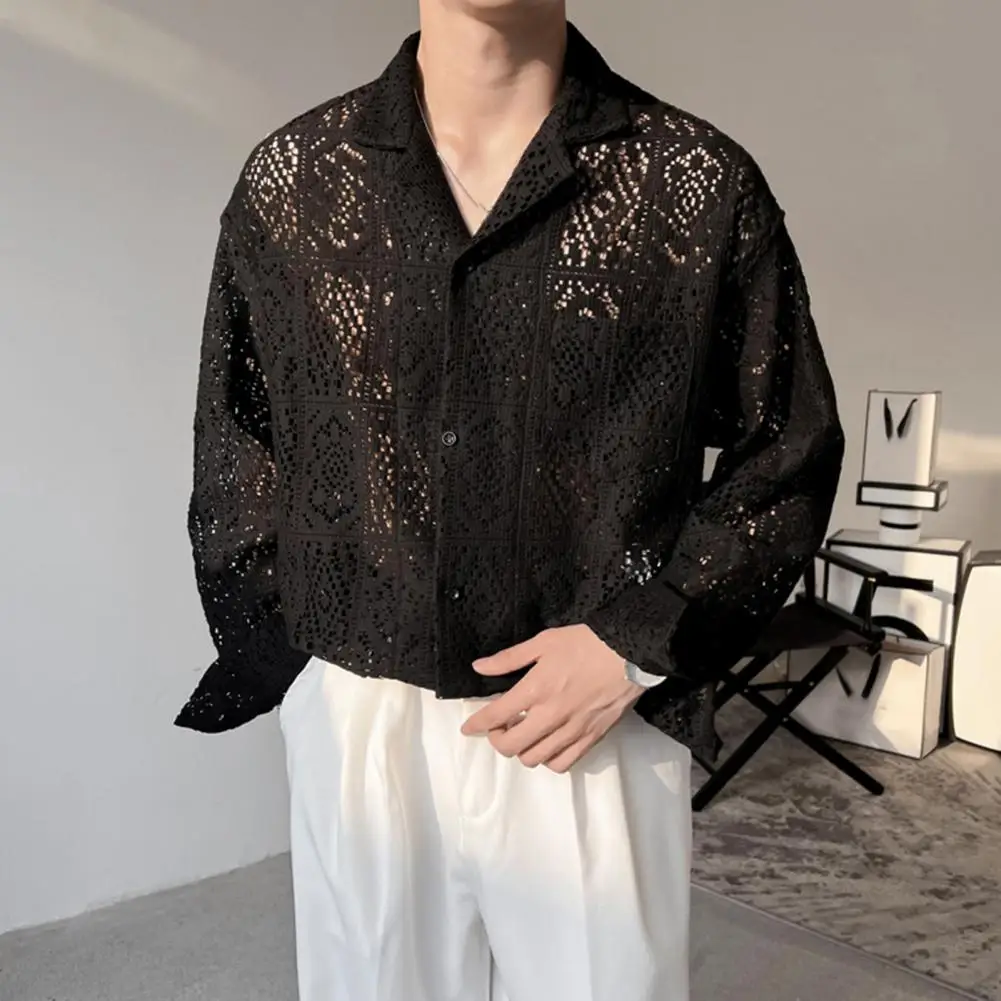 

Fashion Men Shirt Mesh Lace Transparent Streetwear Lapel Short Sleeve Button Party Sexy Men Clothing