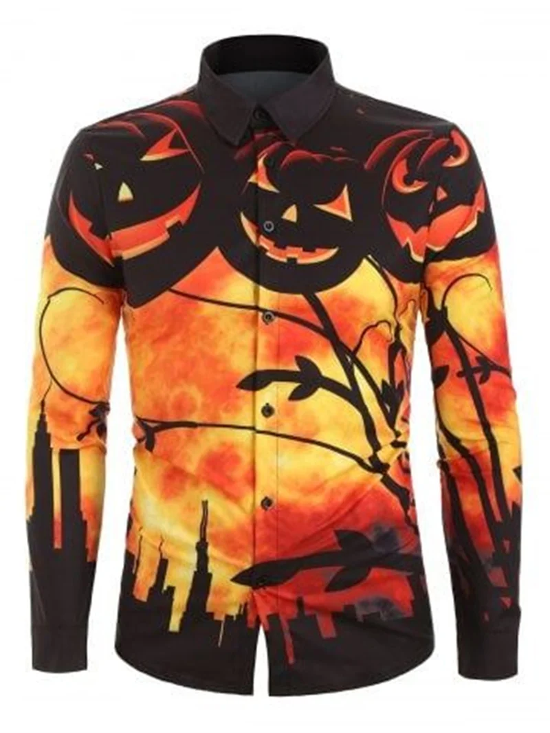 Halloween Long Sleeve Shirts Men\'s Pumpkin Head Printed Shirt Trend Party Clothing 2023 New Men\'s Street Leisure Long Sleeve Top