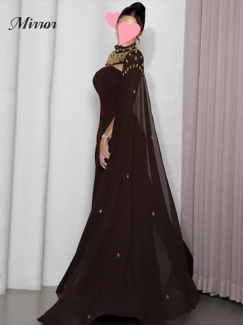 Spiegeljurk Elegante Vintage Sexy Bruine Chiffon Kralen Cape Stijlvol Aanpassen Formele Gelegenheid Galajurk Avondfeest Jurken