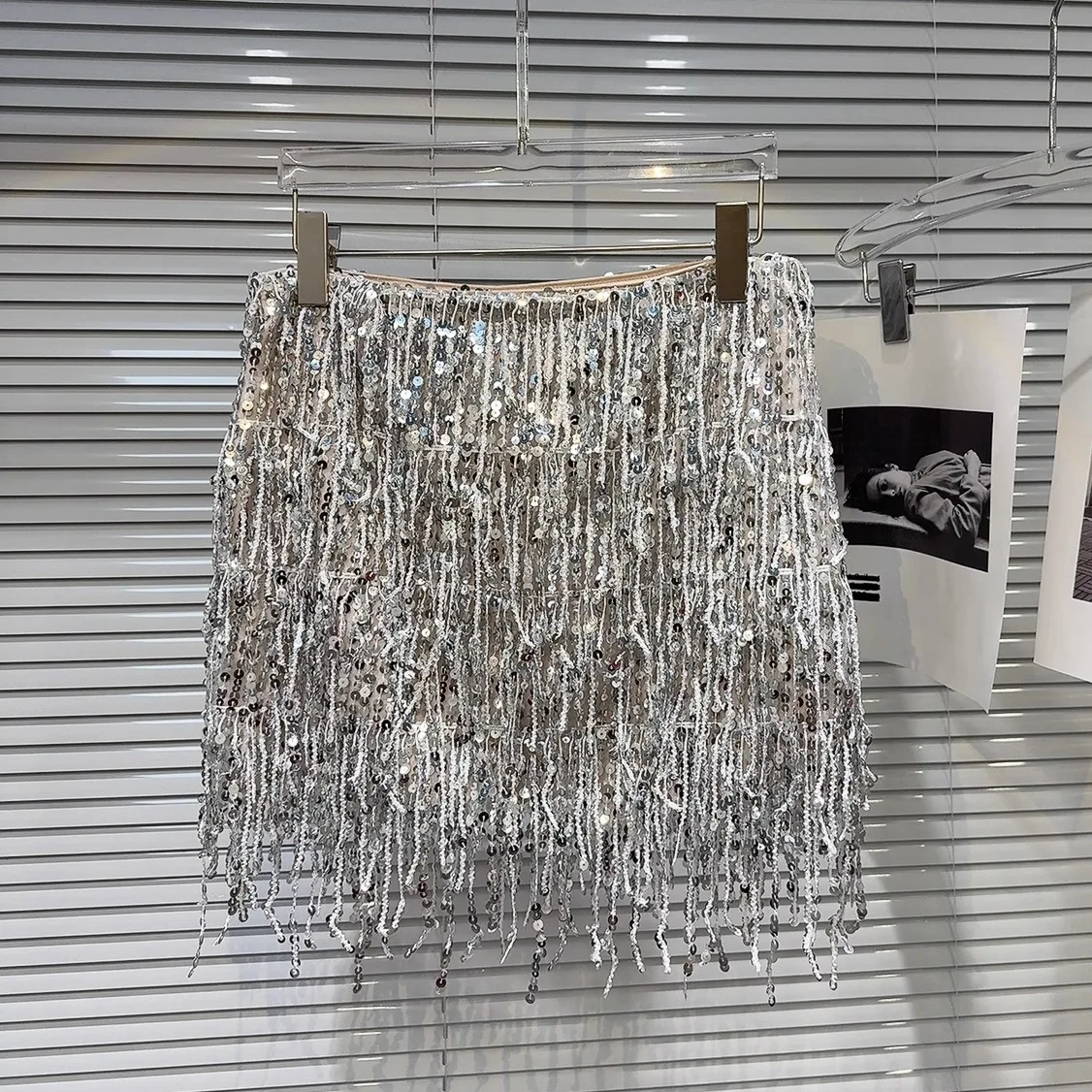 

Silver Sequin Tassel Design Heavy Work ort Skirt f Body Women's Performance Faionable Autumn New Arrival A-Line Skirt