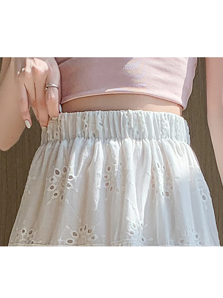 Cotton Linen Skirt Elegant Women's Clothing Summer 2024New High Waist Hook Flower Hollow Mid Length Large Swing Skirts Versatile