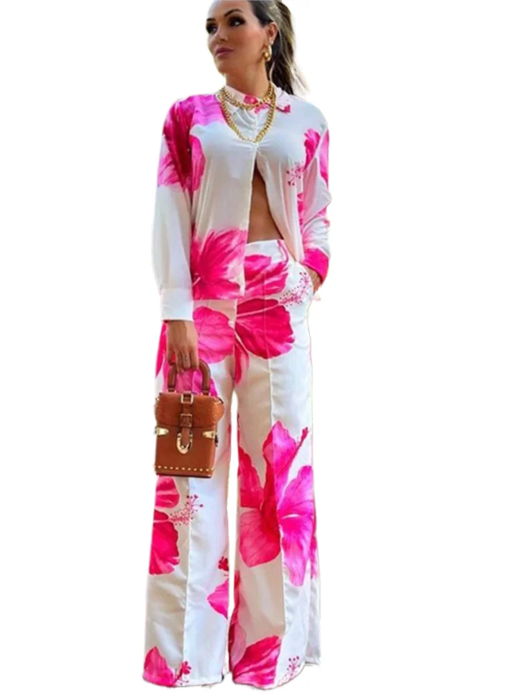 

Elegant Button Lapel Shirts&Wide Leg Pants Sets Casual Long Sleeve Women Loose Suit Office Spring Floral Print Two Piece Outfits