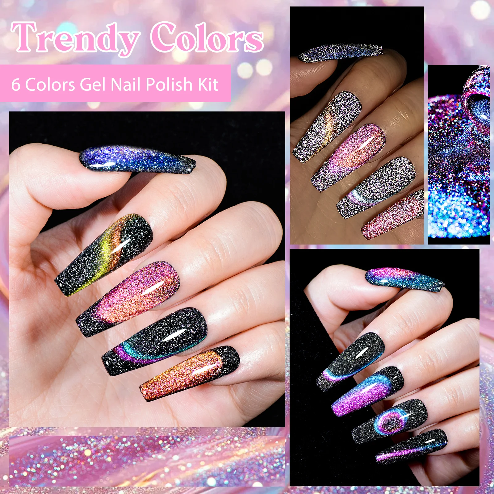 6Pcs Cat Eyes Magnetic Gel Nail Polish Cat Magnetic Aurora Spar Glitter Semi-Permanant Varnish Nail Art Nail Supplies Kit