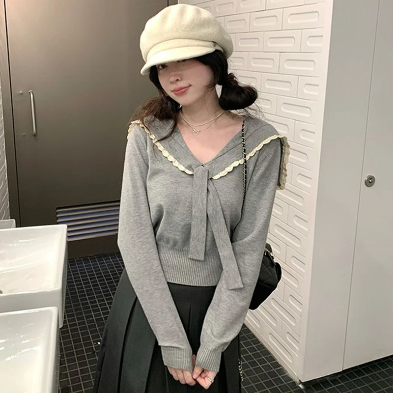 

2026 корейская версия, воротник с рюшами, темно-синий трикотаж с узлом, женский осенне-зимний утепленный топ в школьном стиле с длинными рукавами, кружевной топ