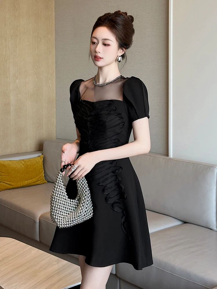 Summer Fashion Casual Black Evening Dress Women Clothes Elegant Sheer Sexy O-Neck Slim Short A-Line Party Prom Vestidos Fiesta