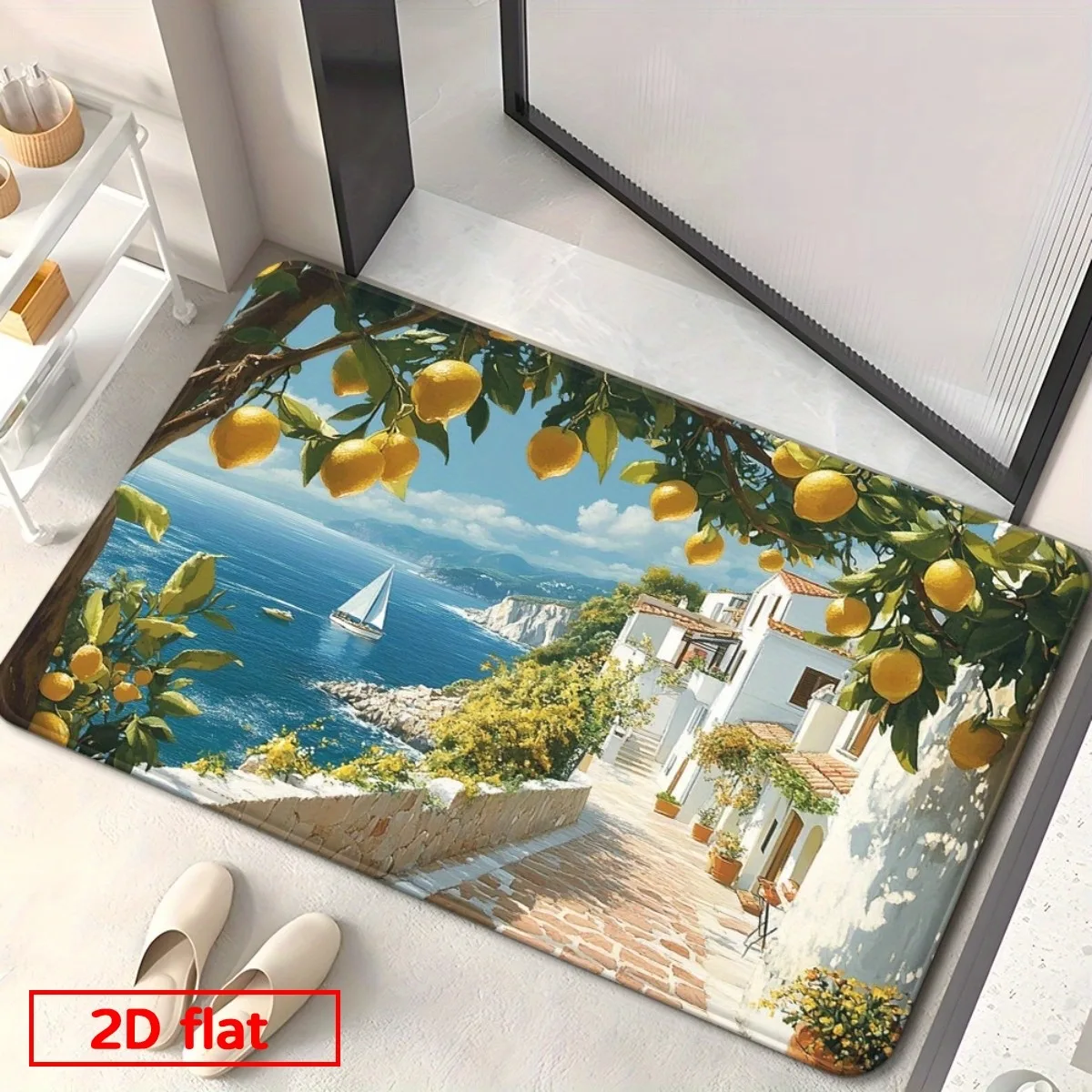 Vibrant Mediterranean Lemon Tree Rug Greek Coastal Mediterranean Style Area Carpet Summer Home Decor Floor Mat for Living Room