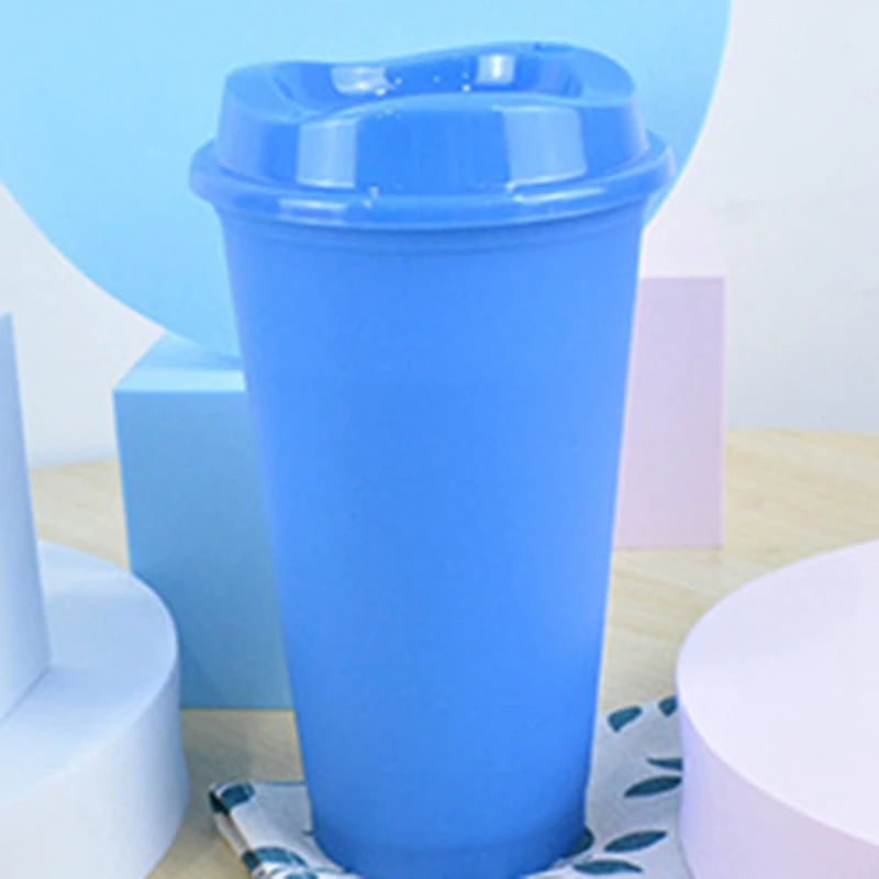 5 PCS/Set 16 OZ Plastic Reusable Color Changing Cold Water Coffee Cups With Lid Household Drinkware Kitchen Products