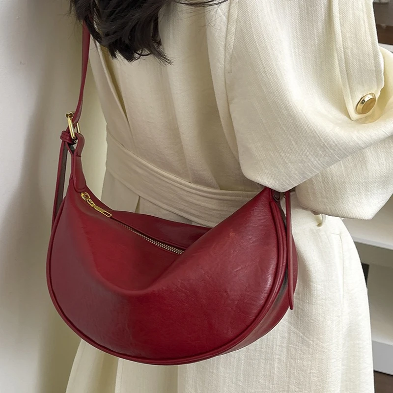 Women Faux Leather Hobo Bag Half Moon Crossbody Purse with Gold Hardware Zipper Closure Casual Shoulder Satchel Daily Travel