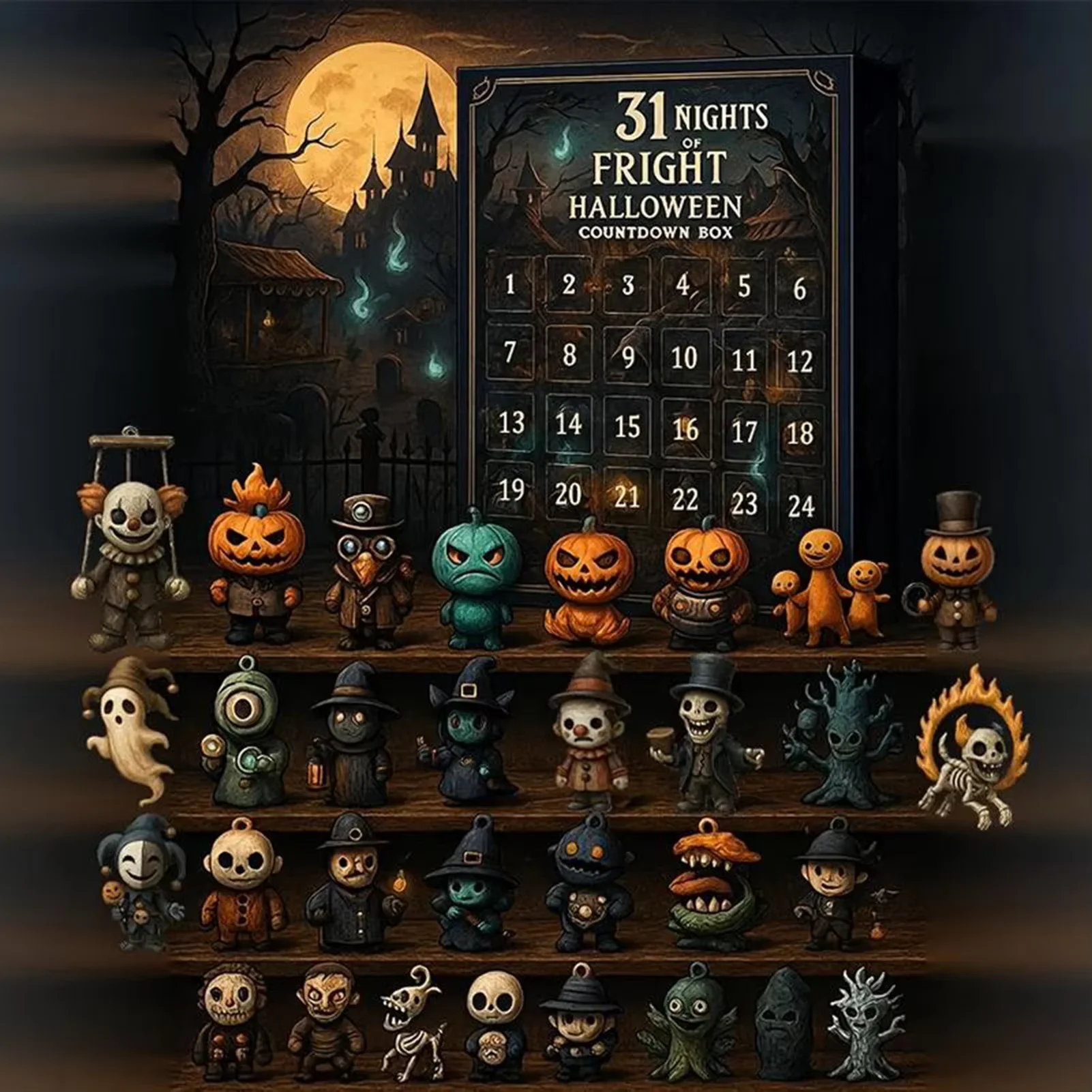 7/15/31 Nights of Fright Halloween Countdown Box with Figurines Horror Action Figures Mini Decorations Surprise Christmas Gifts