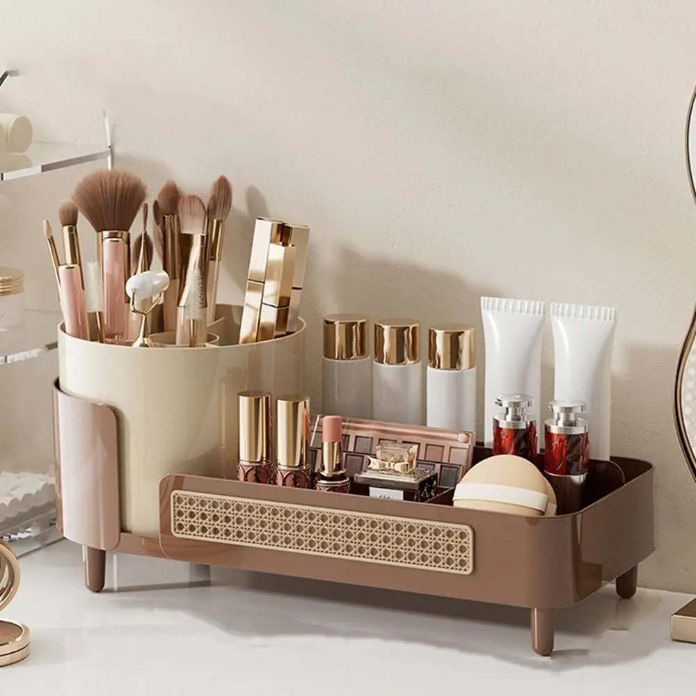 Plastic Rotatable Compartment Makeup Tube Large Capacity Space Saving Cosmetics Storage Box Beige Makeup Brush Storage Holder