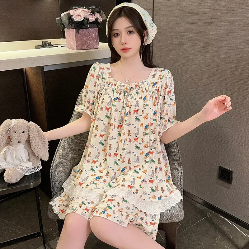 110kg Plus Size Women 2Ps/set Pajamas Korean Sweet Cartoon Print Sleepwear Summer Student Short Slleve Tops and Short Housewear