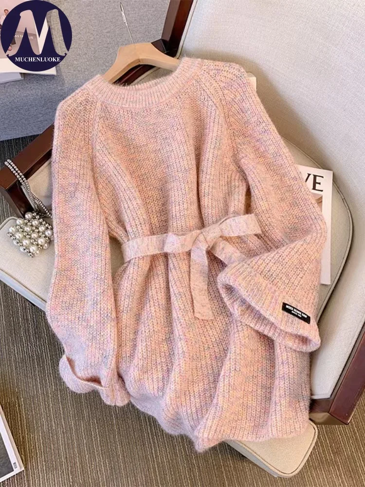 Camisola para mulher outono inverno novo estilo preguiçoso o pescoço de malha rendas até blusas moda coreana casual solto pullovers femininos