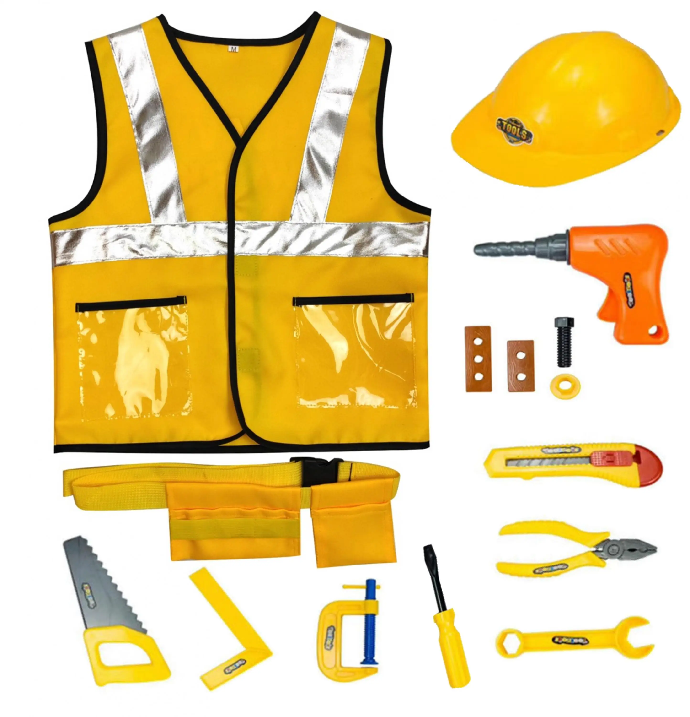 Kids Fireman Worker Costume Set Boys Role Play Dress Up Kit with Helmet Vest Toy Tools Party Favors Birthday Gift for Toddlers