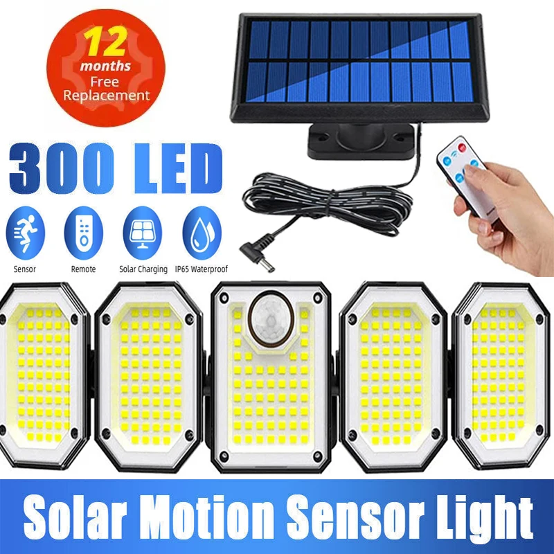 

5 Heads Solar 300 LED Light Outdoor Motion Sensor Waterproof Wide-angle Illumination Wall Lamp Garden Courtyard Street Lights