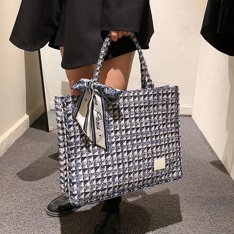 Large Square Plaid Canvas Tote Bag for Women