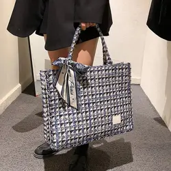 Large Square Plaid Canvas Tote Bag for Women