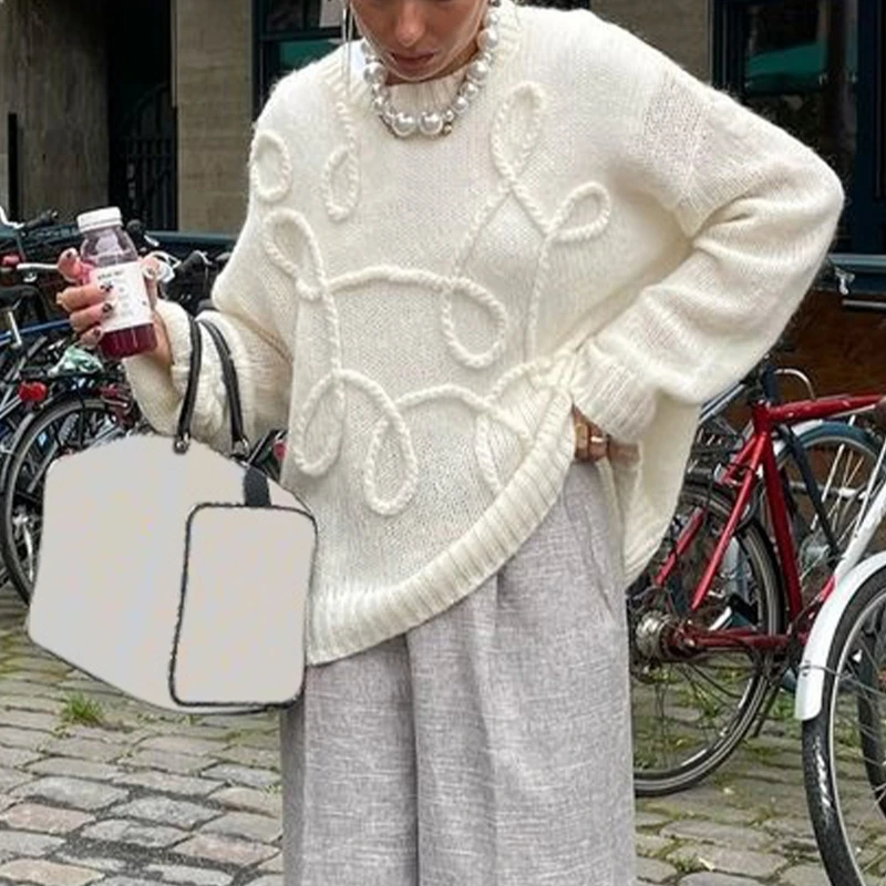 Осень-зима ленивый свитер свободные пальто женский вязаный пуловер топы с вышивкой с длинным рукавом Harajuku эстетический белый трикотаж Mujer