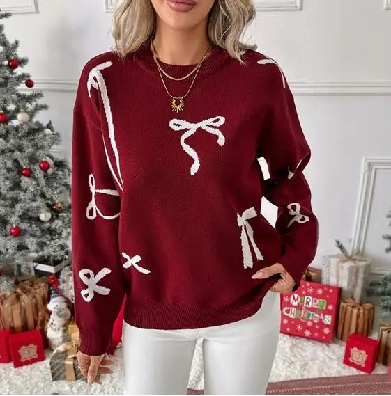 

Women's Christmas Knit Sweater Winter Warm Soft Comfort Long Sleeve Round Neck Bow Print Knitwear Tops Club Streetwear