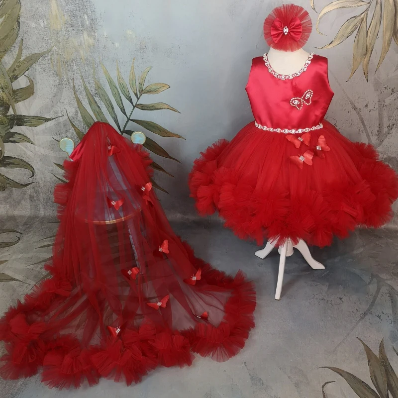 

Red Flower Girl Dresses Tulle Butterfly With Bow And Tailing For Wedding Birthday Party Banquet Princess Gowns