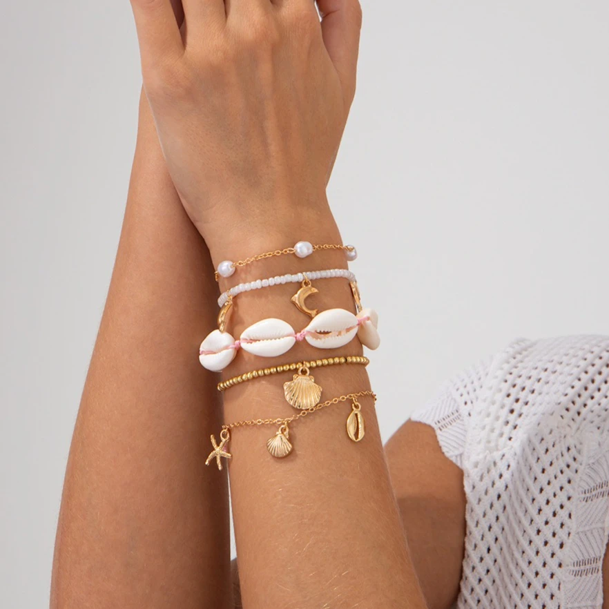 Bohemian Starfish Bracelet 5-Piece Set Ocean Shell Bead Stackable Boho Beach Jewelry for Women Tarnish Free