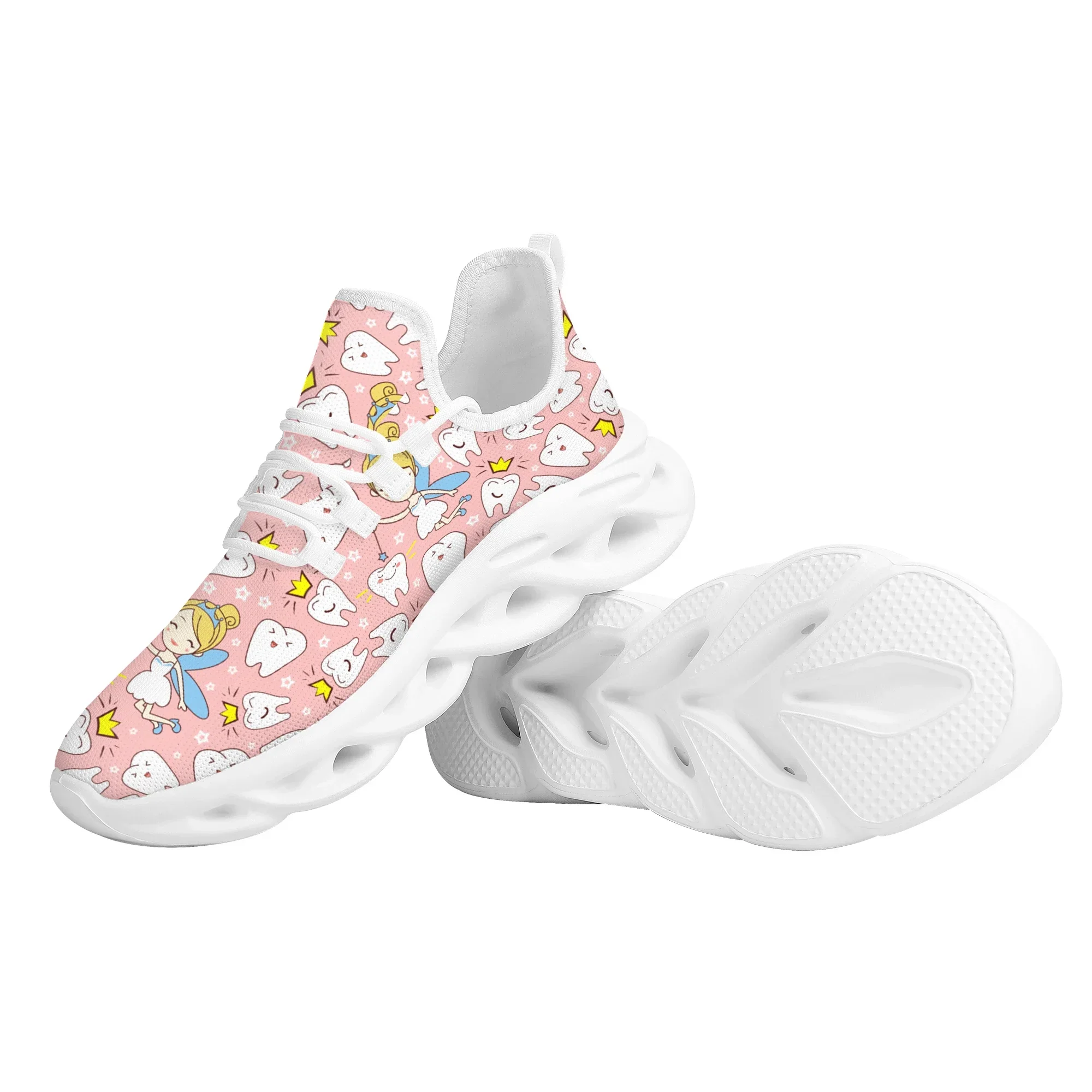 Pink Crown Teeth Angel Print Mesh Flat Shoes Casual Outdoor Street Trend Lace-up Sneakers Light Non-slip Adult Running Shoes