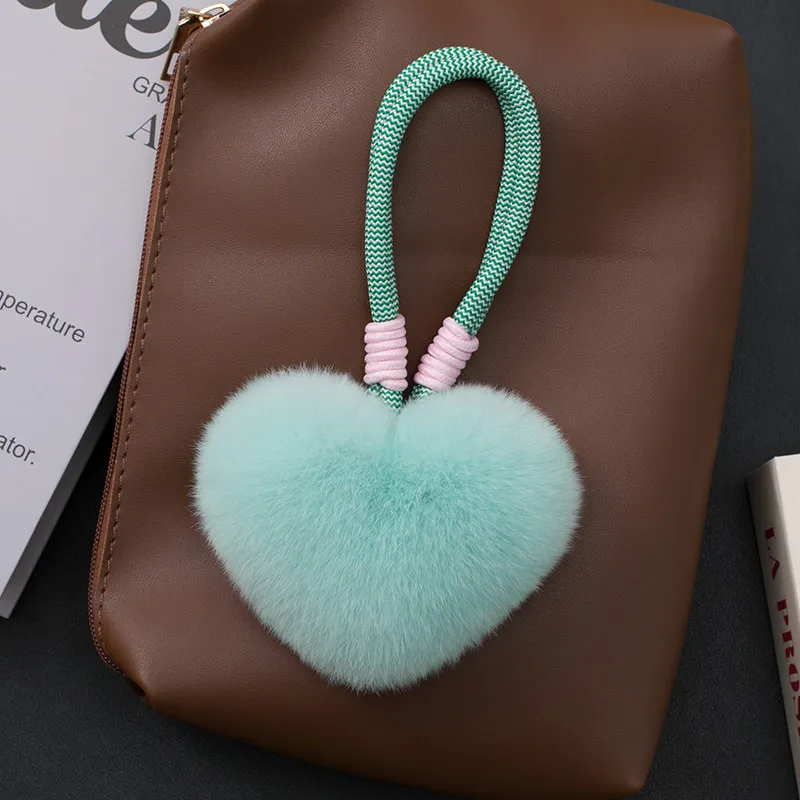 Echter Rex-Kaninchenfell-Herzanhänger, Flauschiger Ball als Rucksack-Dekoration, Handgefertigte Quaste als Geschenk – Detail 4