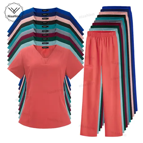 Dental Scrub T-shirt Moda Semplice Infermiera Uniforme Con Scollo A V A Maniche Corte Top Jogging Pantaloni Clinica Giacca Accessori Infermieristici Donna
