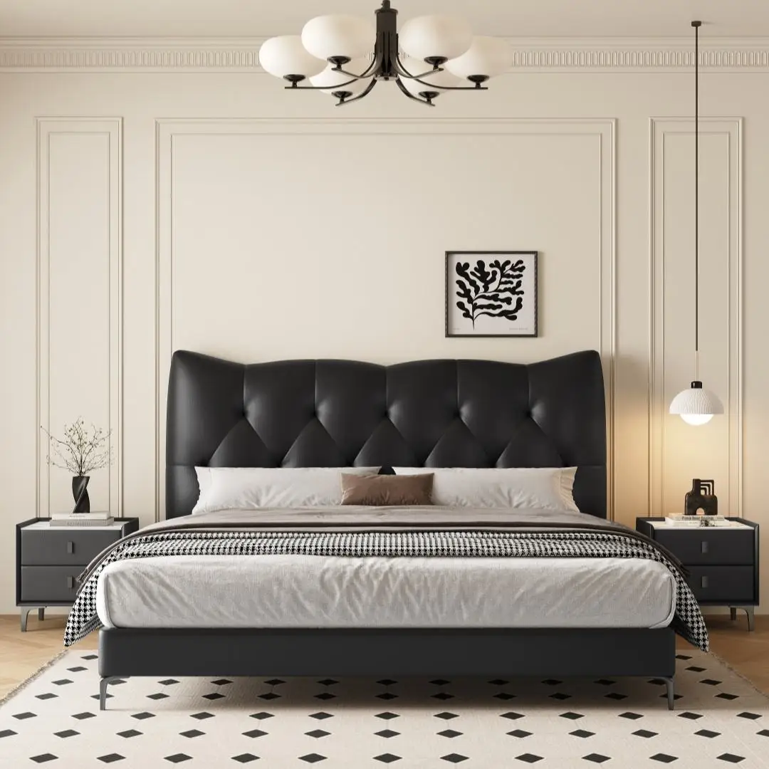#Minimalist Modern Genuine Leather Queen Bed Pine Wood Frame Italian Cowhide Top Layer Soft-pack Luxury Space Saving Upholstered
