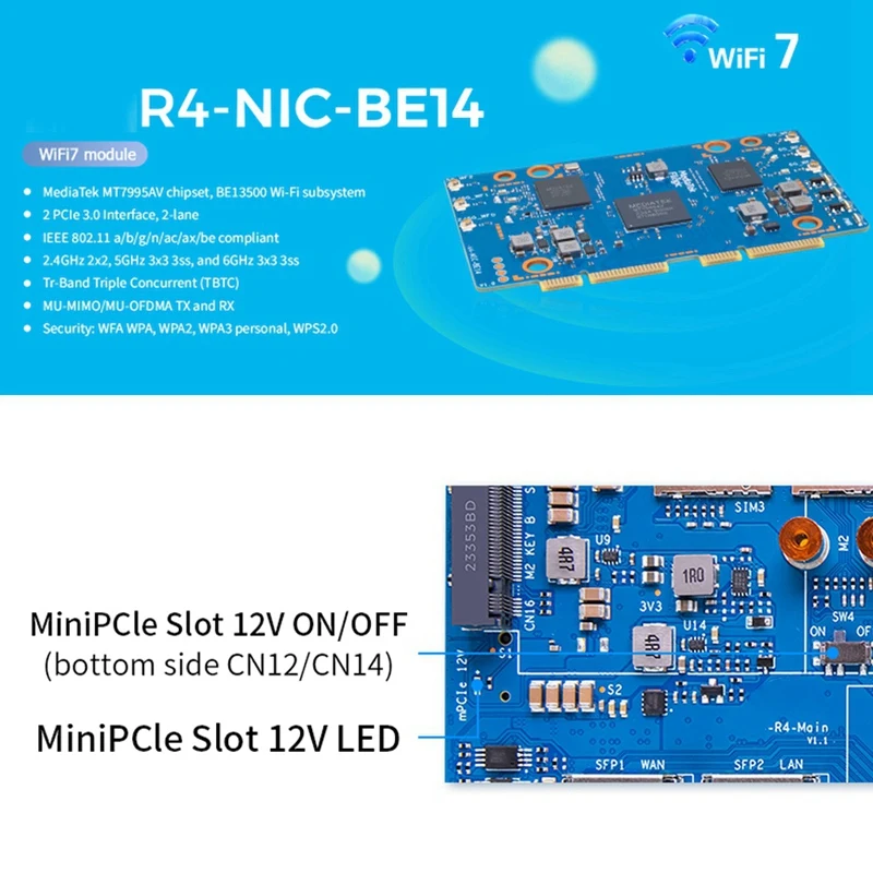 For Banana Pi BPI-R4-NIC-BE14 Wifi7 Module MT7995AV 2Xpcie 3.0 2.4G/5G/6G Open Source Router Development Board