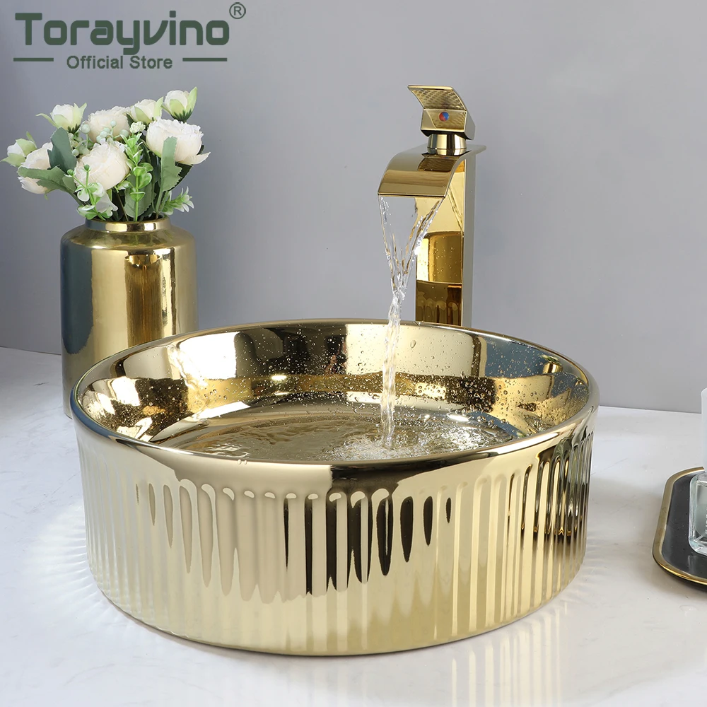 

Torayvino Round Ceramic Bathroom Vessel Basin Above Counter Vanity Sink with Gold Mixer Waterfall Faucet and Pop-up Drain Set