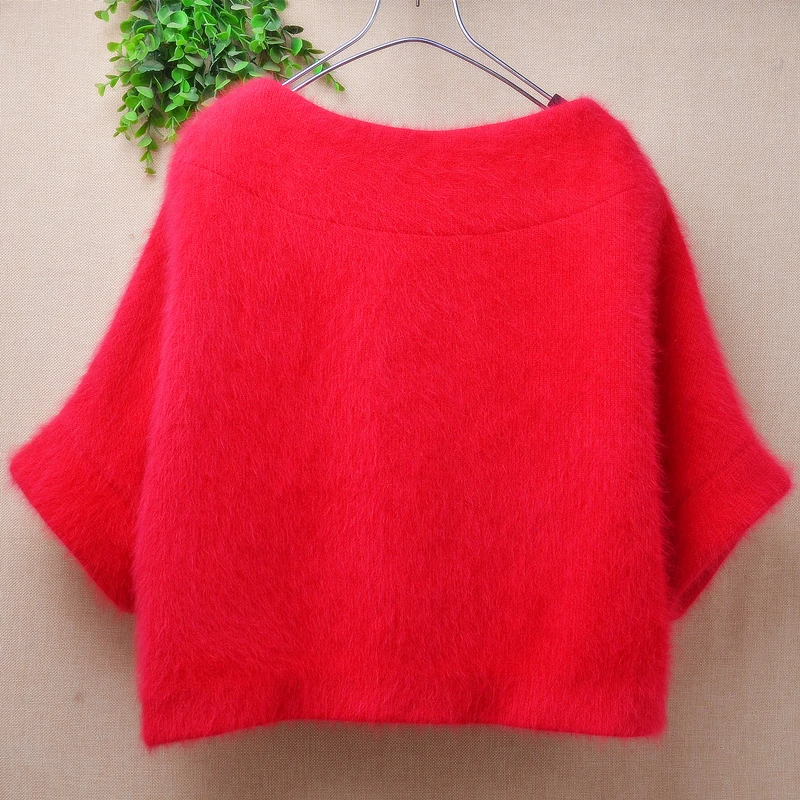 Ladies Women Spring Autumn Clothing Red Hairy Angora Rabbit Hair Knitted O-Neck Short Sleeves Loose Pullover Sweater Jumper Pull