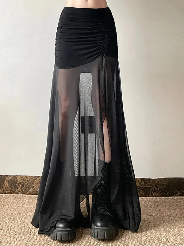 

Goth Dark Mall Готические сетчатые лоскутные юбки средней длины Сексуальная облегающая юбка с разрезом по подолу и рюшами E-girl Y2K Уличная одежда Альтернативные штаны DLV6