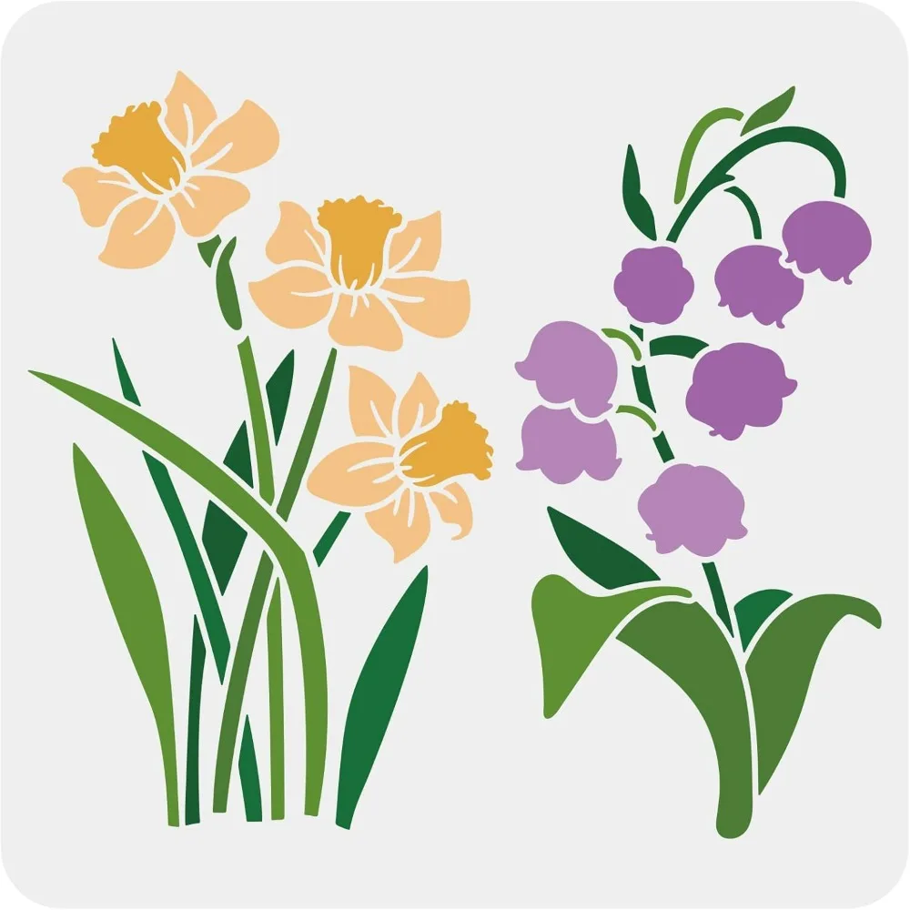 Flower Bouquet Stencil 11.8x11.8 inch Daffodil Flower Stencils Bell Orchid Painting Stencil Plastic Reusable Spring Plant