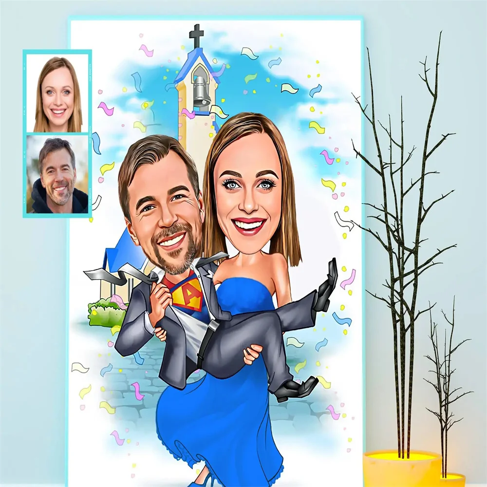 Custom Portrait Personalized Couple Caricature Posters and Prints Wall Art Painting for Forever Lovers Wedding Room Home Decor